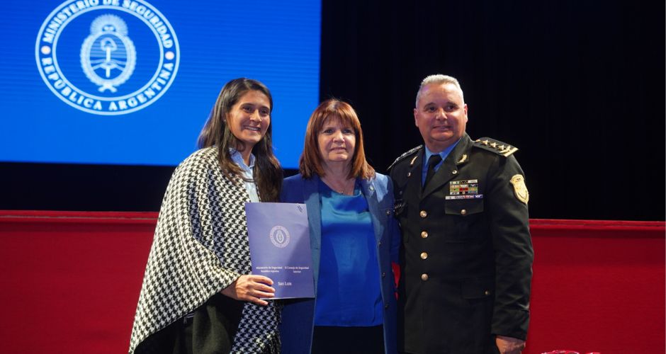 Ministra de Seguridad de San Luis, Nancy Sosa; ministra de Seguridad de la Nación, Patricia Bullrich y jefe de la Policía provincial, Comisario General, Pablo Vieytes