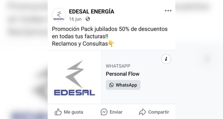Captura de pantalla del perfil falso de Edesal en Facebook desde donde se hacen las estafas